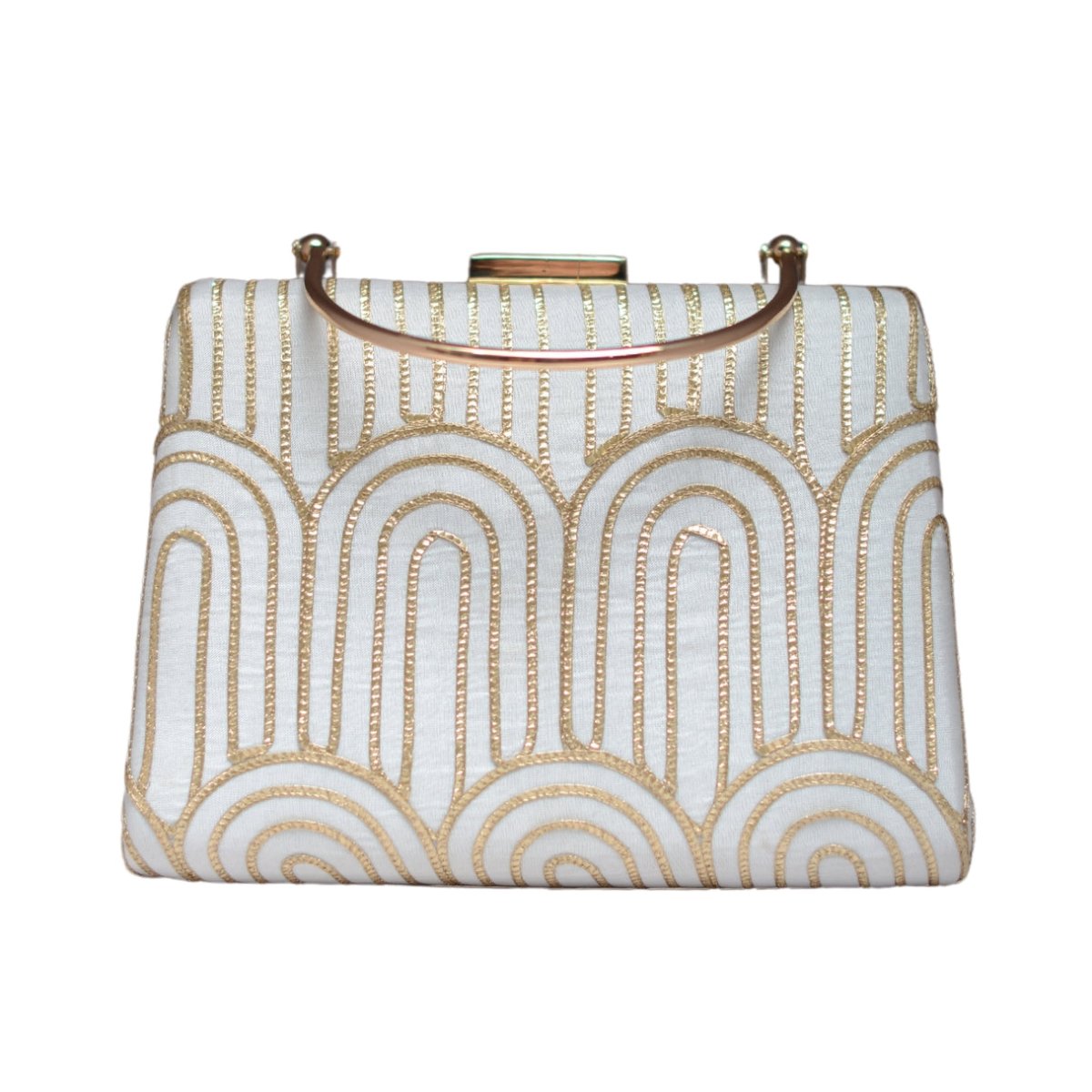 White And Golden Door Pattern Embroidery Clutch