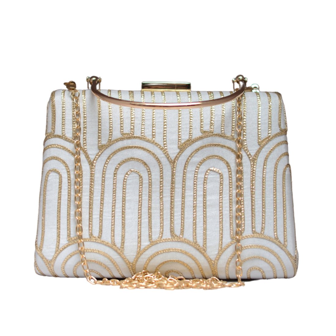 White And Golden Door Pattern Embroidery Clutch