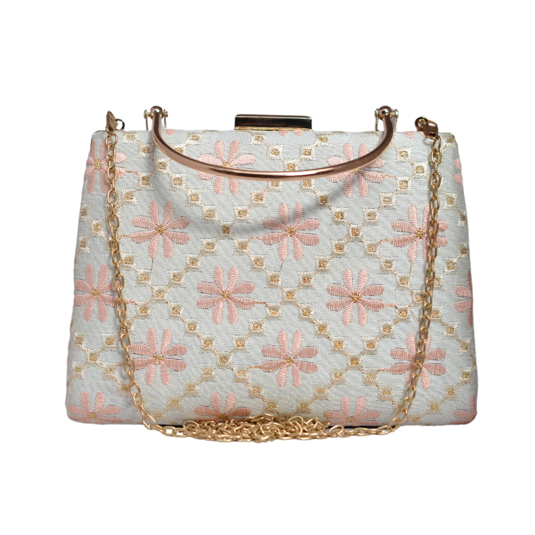 White and Pink Floral Embroidery Clutch