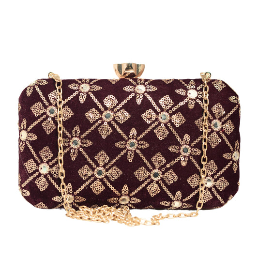 Wine Mirror Sequins Rectangle Embroidery Clutch