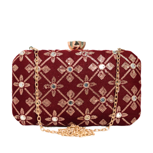 Maroon Sequins Rectangle Embroidery Clutch