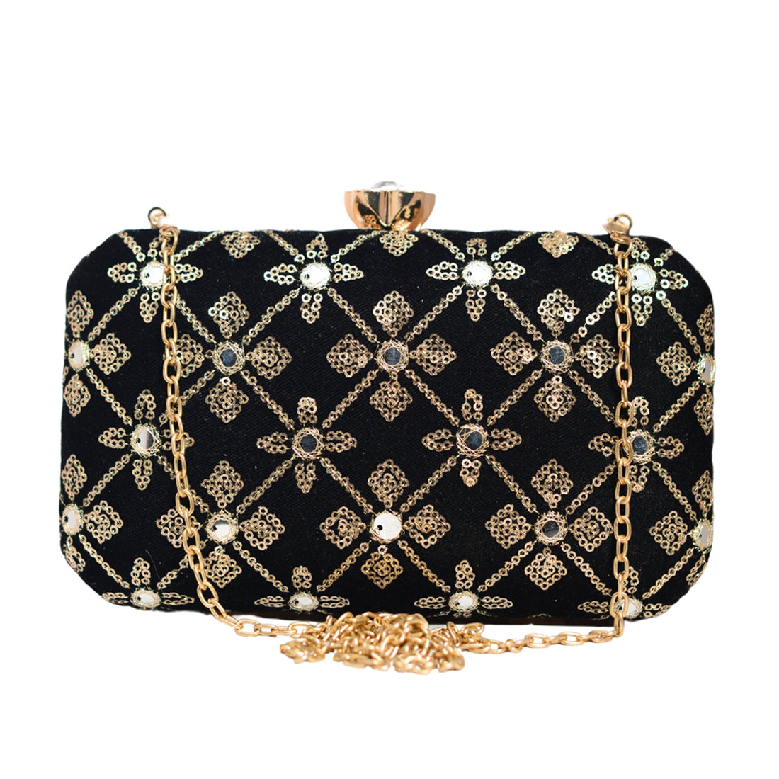 Black Sequins Rectangle Embroidery Clutch