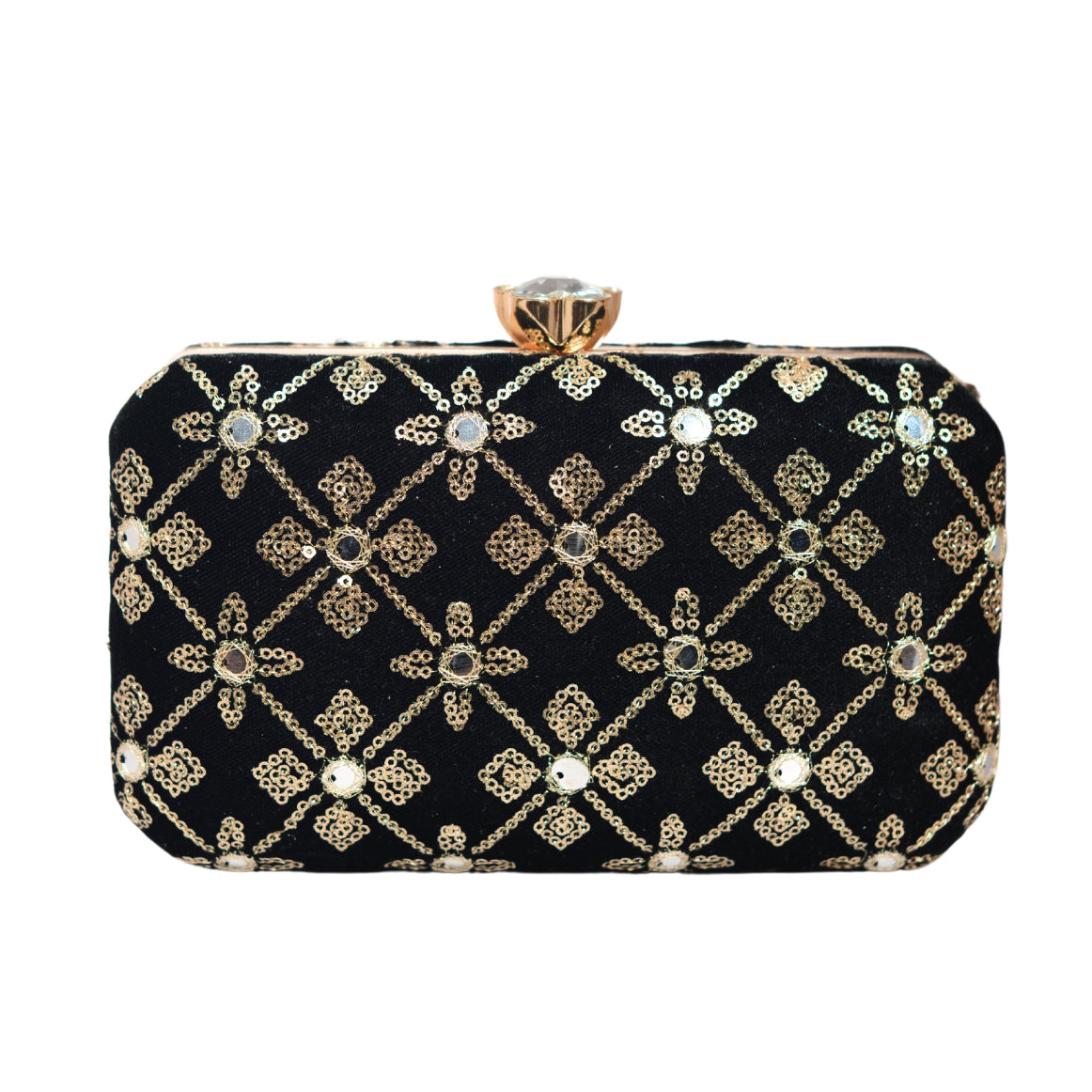 Black Sequins Rectangle Embroidery Clutch