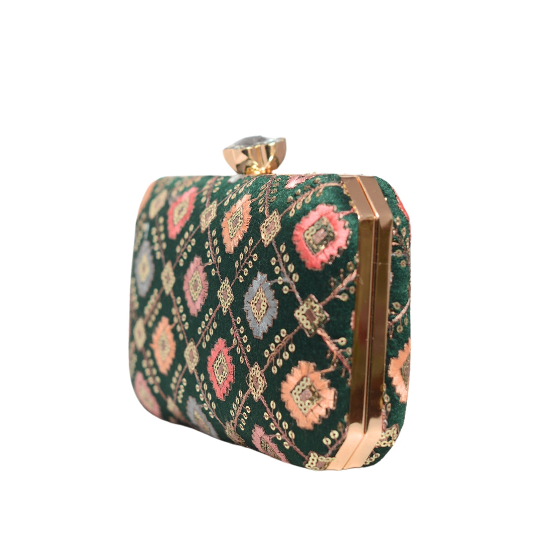 Dark Green Sequins Rectangle Embroidery Clutch