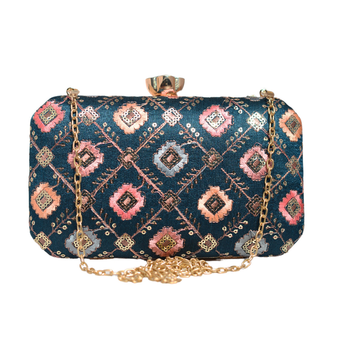 Jade Blue Sequins Rectangle Embroidery Clutch
