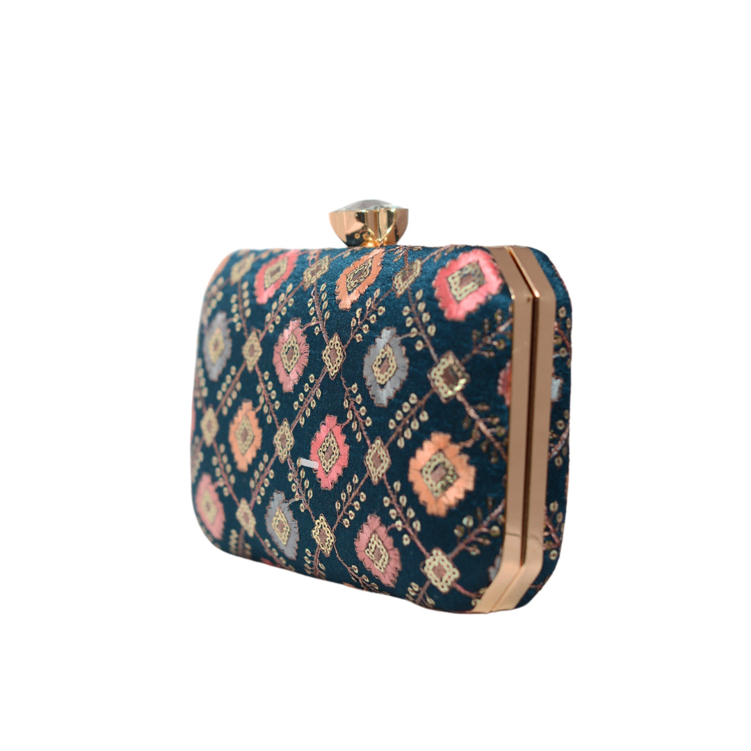 Jade Blue Sequins Rectangle Embroidery Clutch