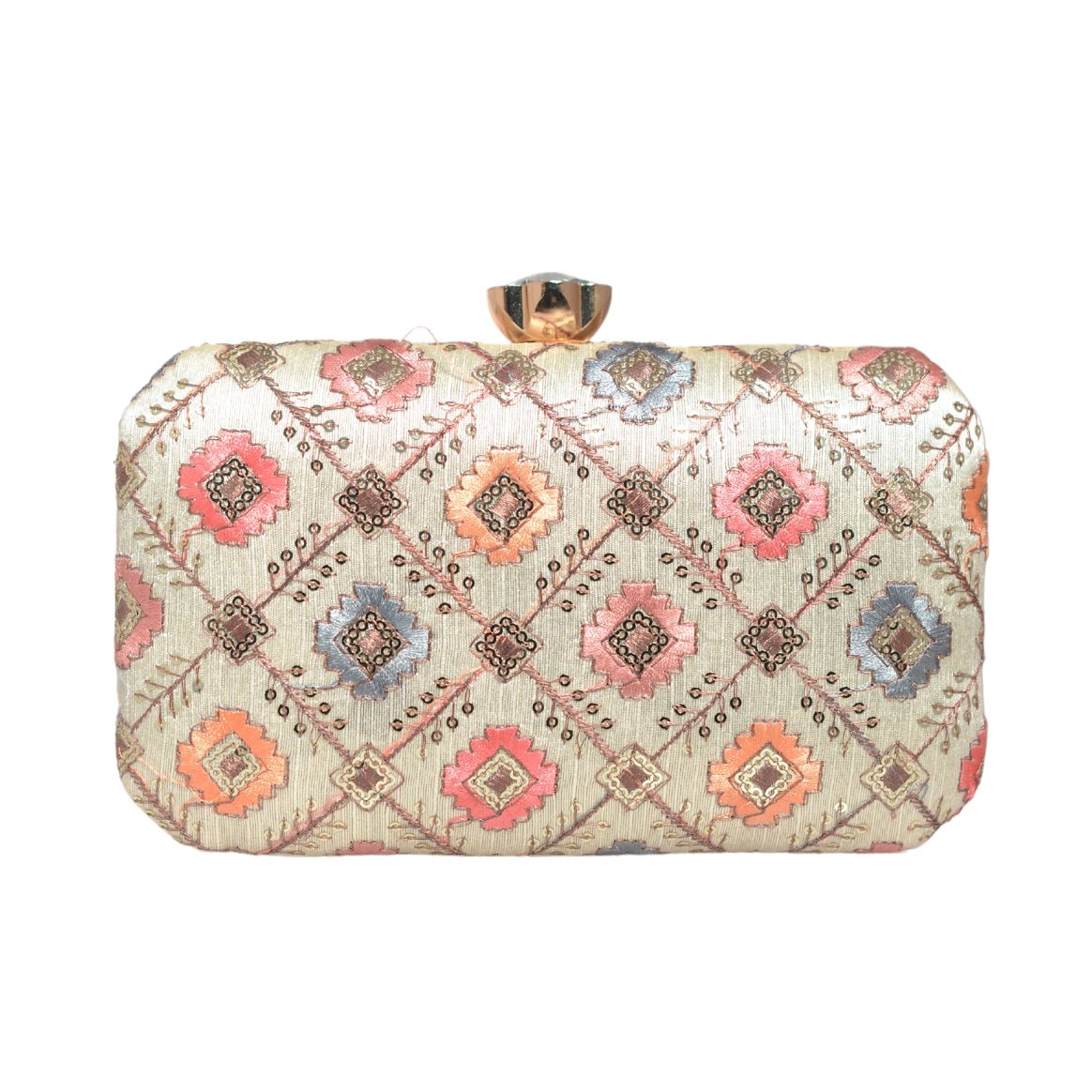 White Sequins Rectangle Embroidery Clutch