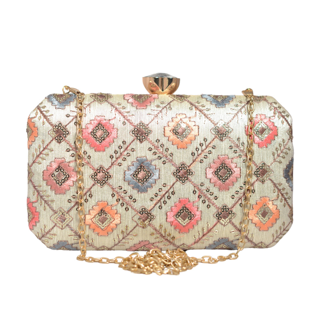 White Sequins Rectangle Embroidery Clutch