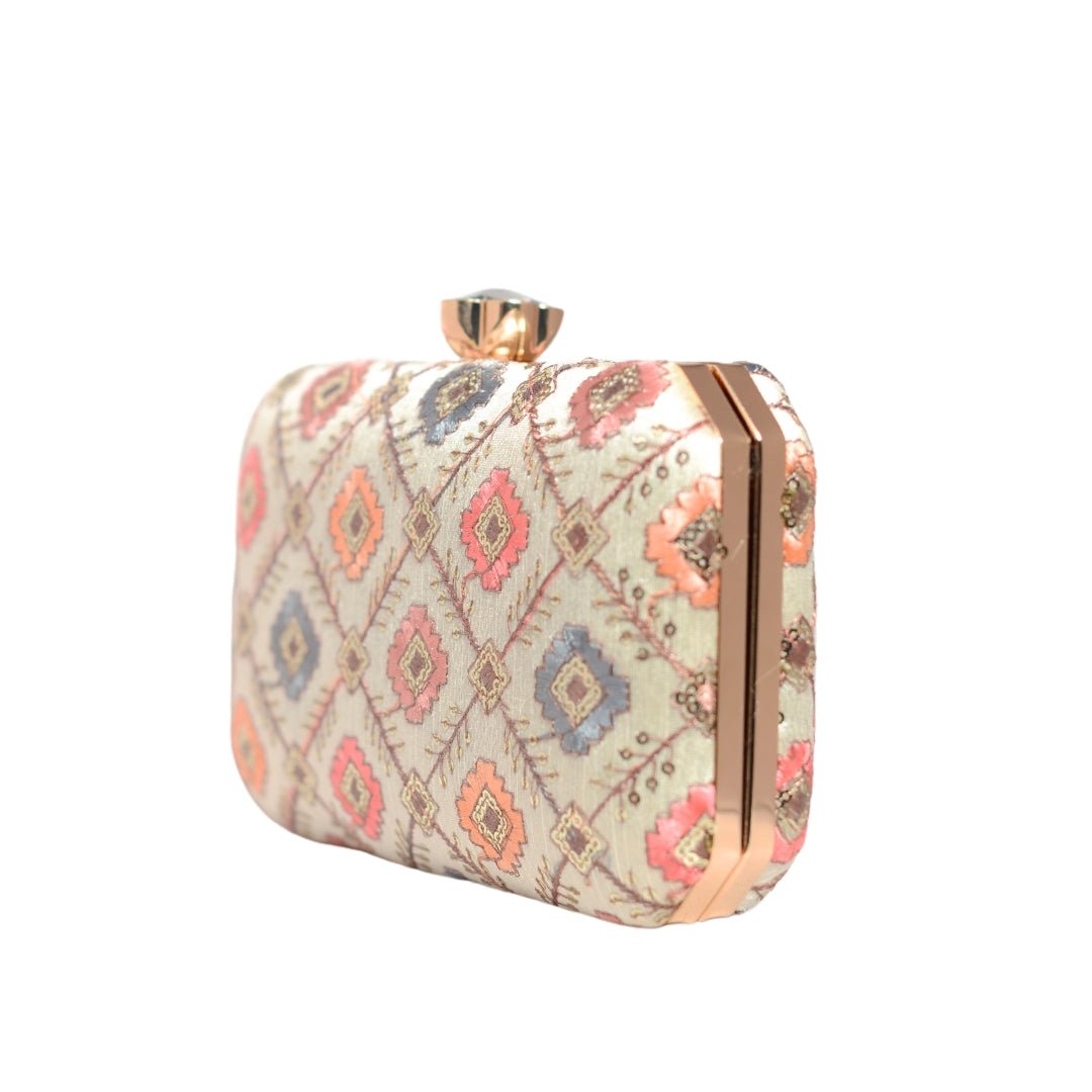 White Sequins Rectangle Embroidery Clutch