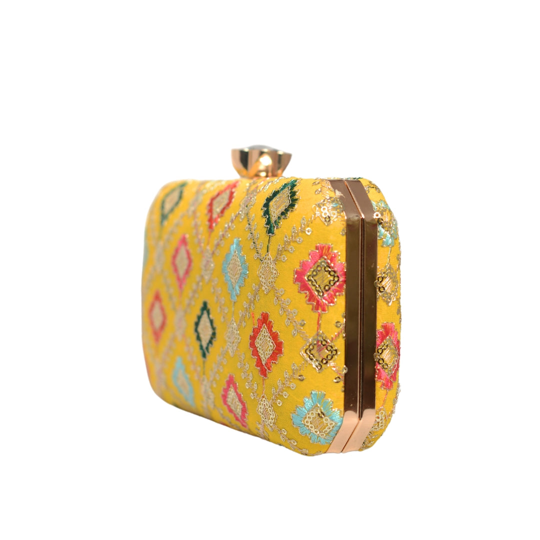 Yellow Sequins Rectangle Embroidery Clutch