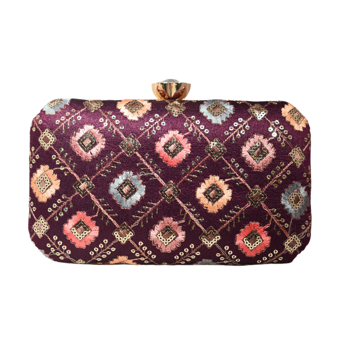 Wine Sequins Rectangle Embroidery Clutch