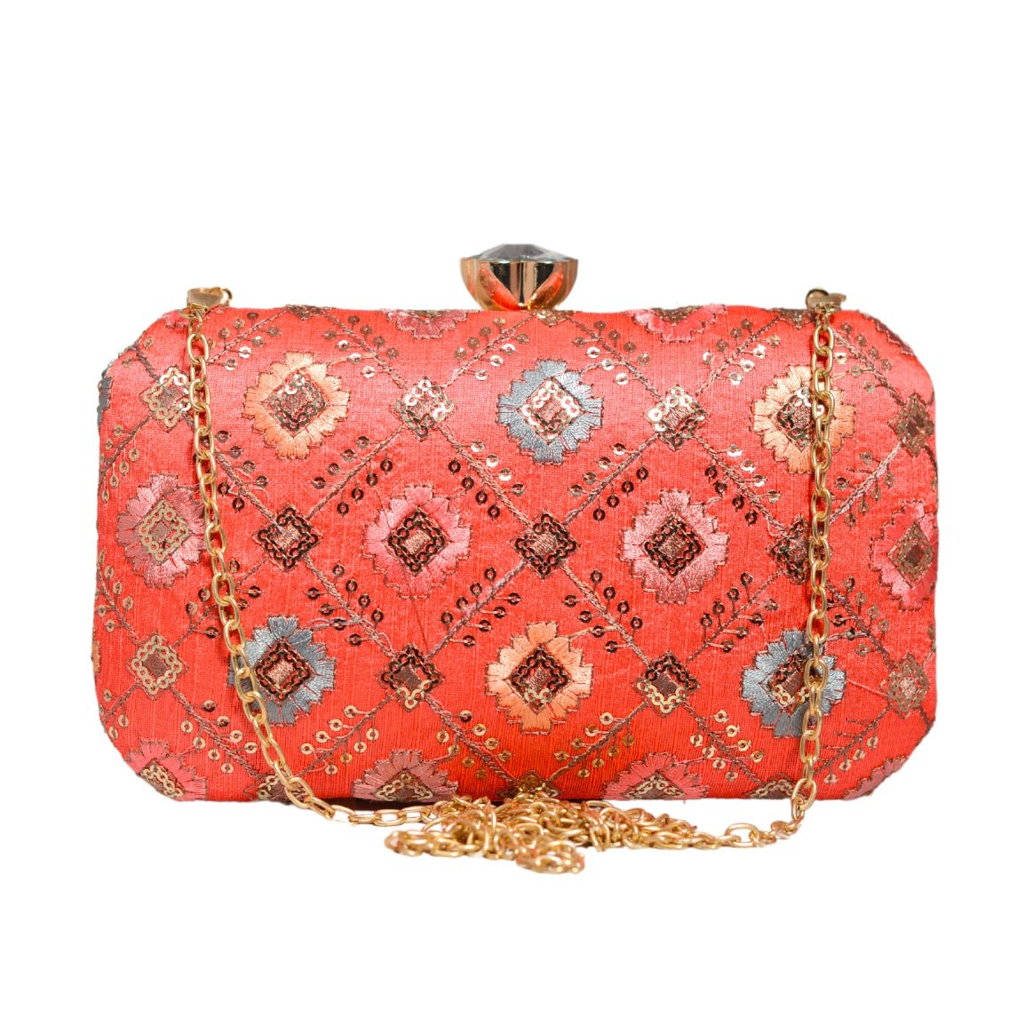 Red Sequins Rectangle Embroidery Clutch