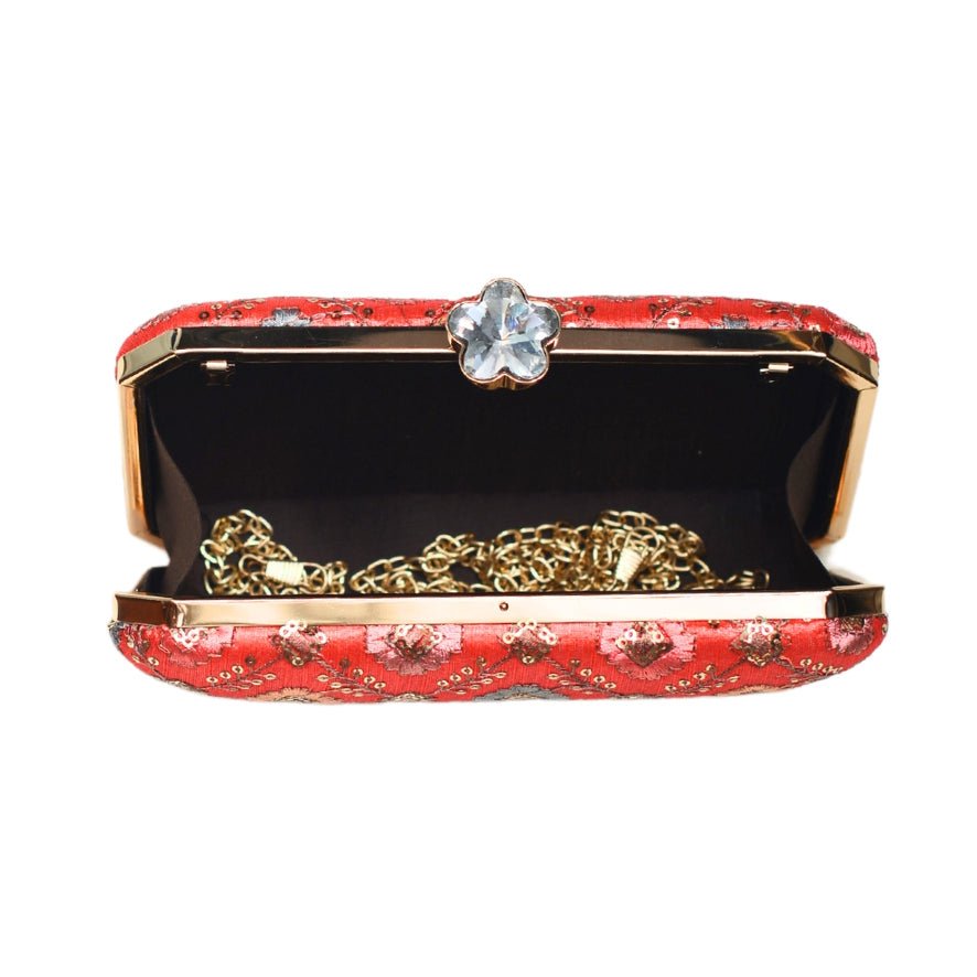 Red Sequins Rectangle Embroidery Clutch