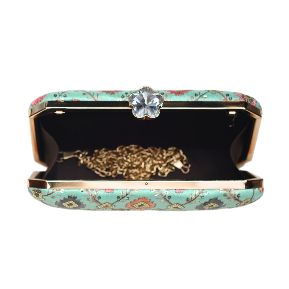 Torquise Sequins Rectangle Embroidery Clutch