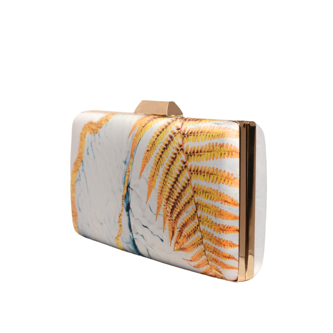 White And Yellow Resin Art Printed Clutch