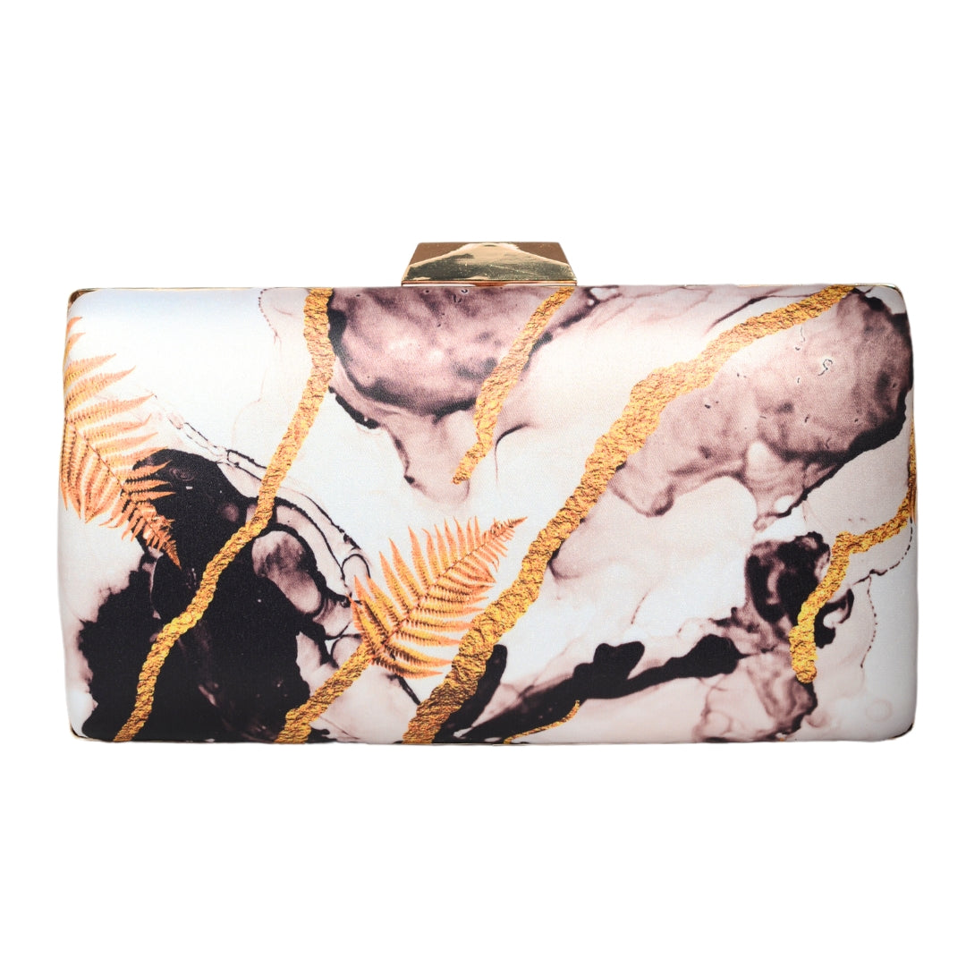 White And Golden Leaf Printed Clutch