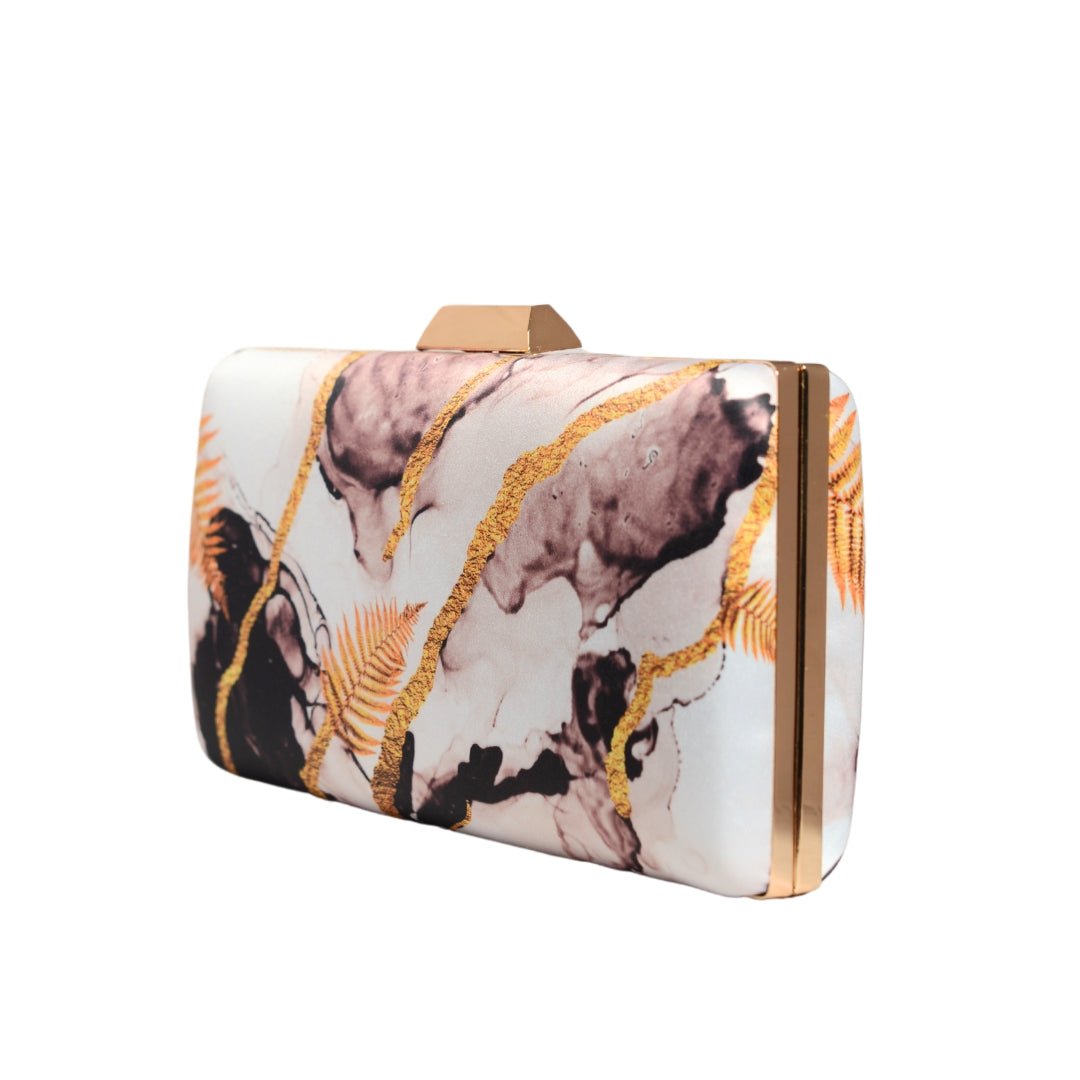 White And Golden Leaf Printed Clutch