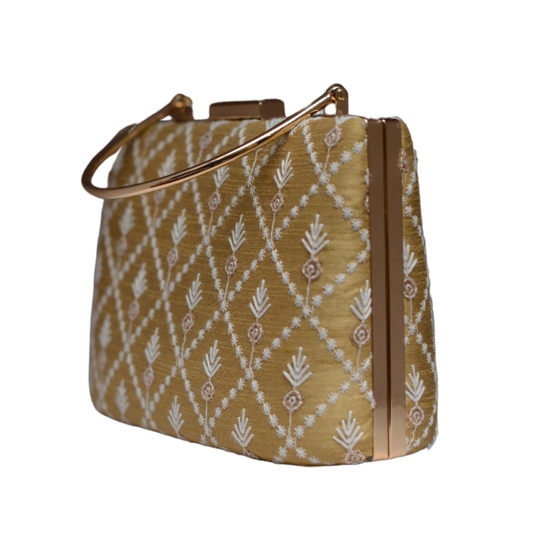 Beige Floral And Checks Embroidery Clutch