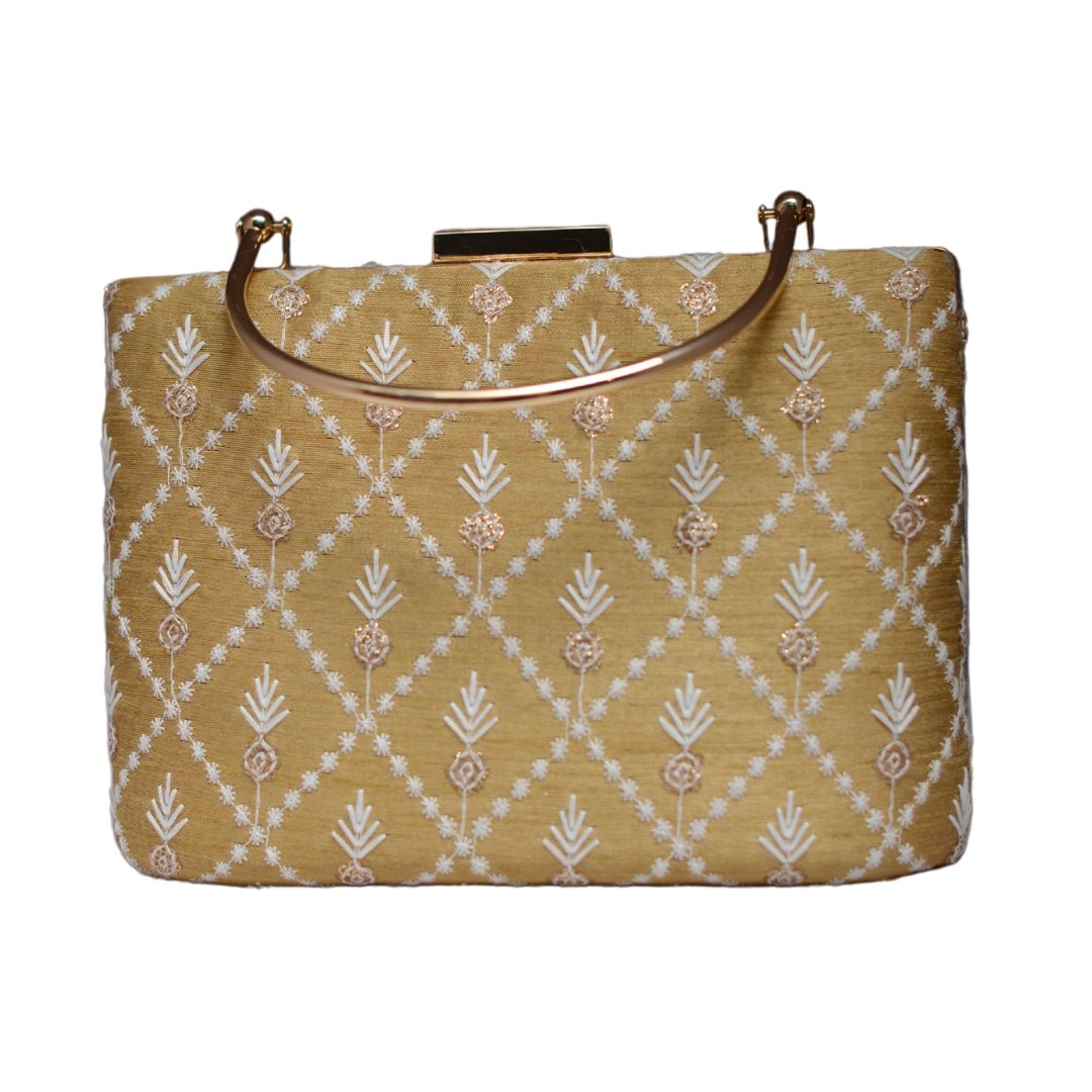 Beige Floral And Checks Embroidery Clutch