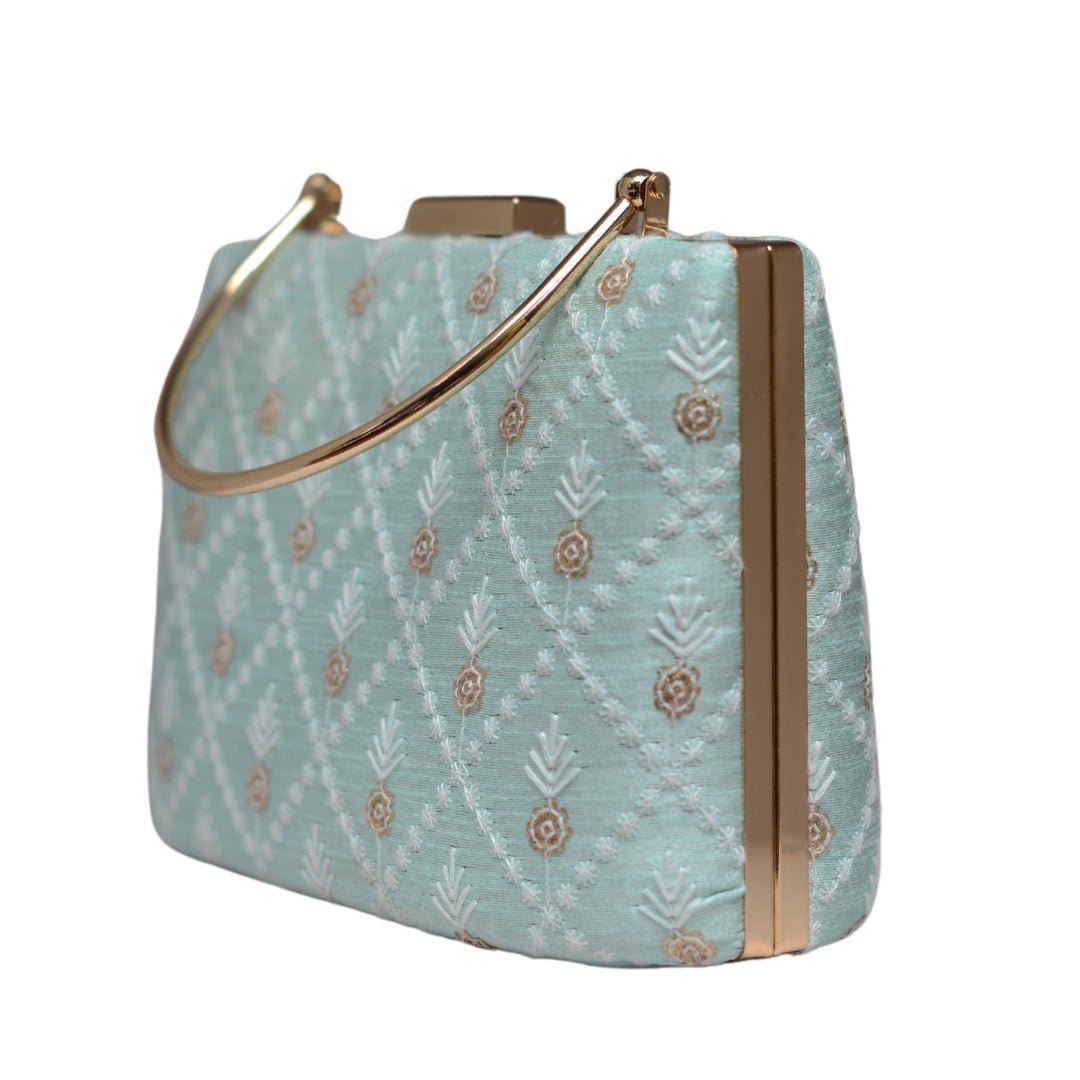 Sky Blue Floral And Check Embroidery Clutch