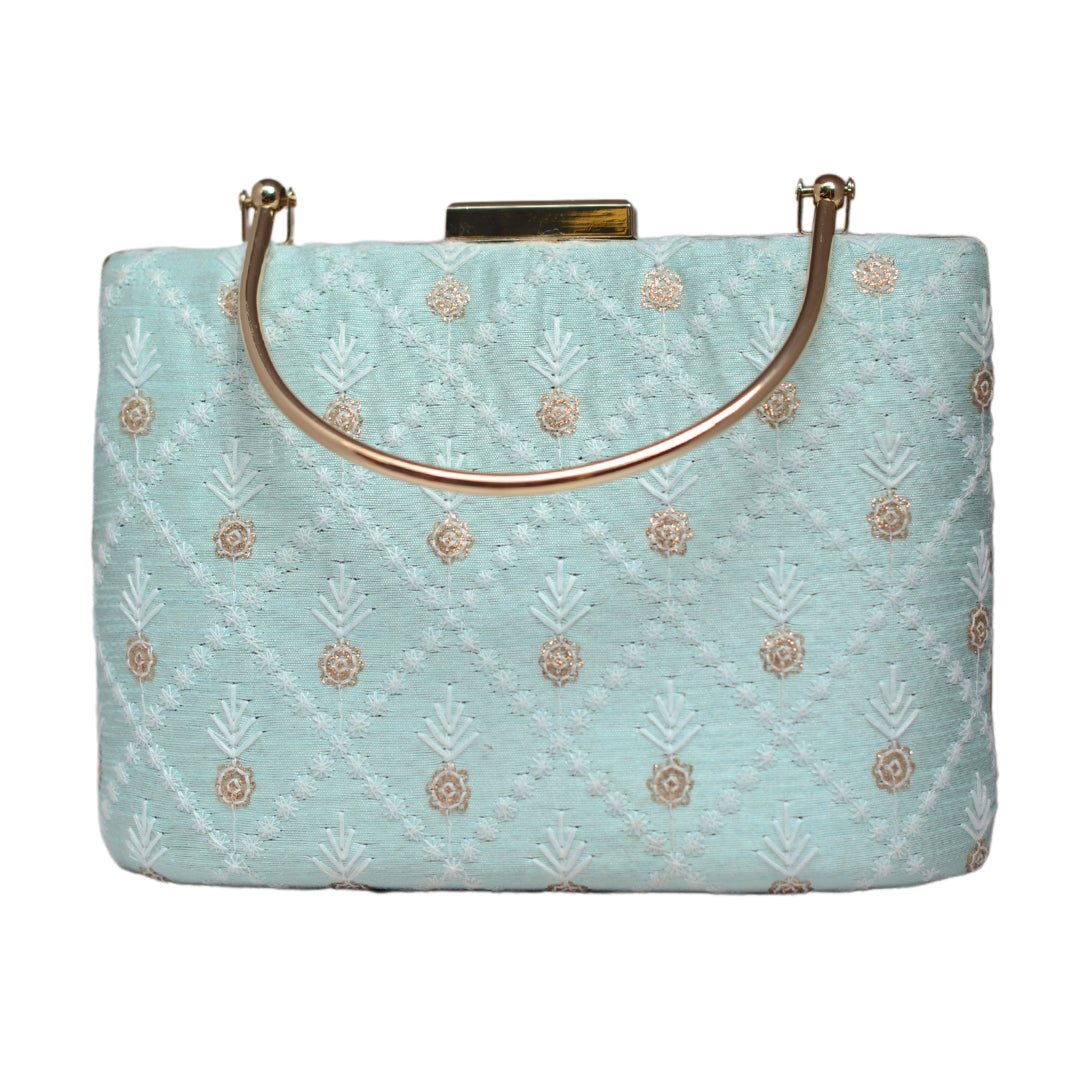 Sky Blue Floral And Check Embroidery Clutch