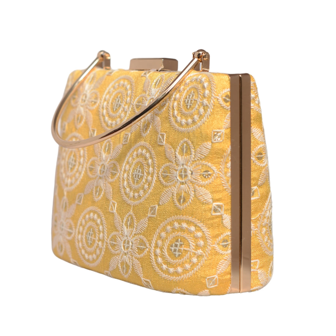 Yellow Multipattern Floral Embroidery Clutch