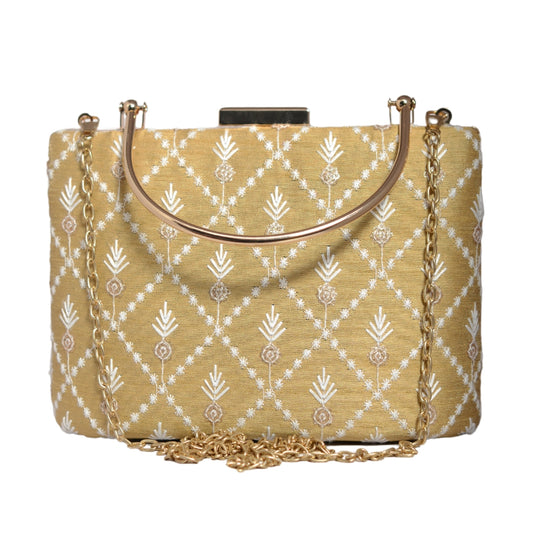 Beige Floral And Checks Embroidery Clutch