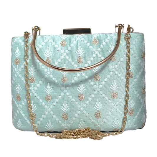 Sky Blue Floral And Check Embroidery Clutch