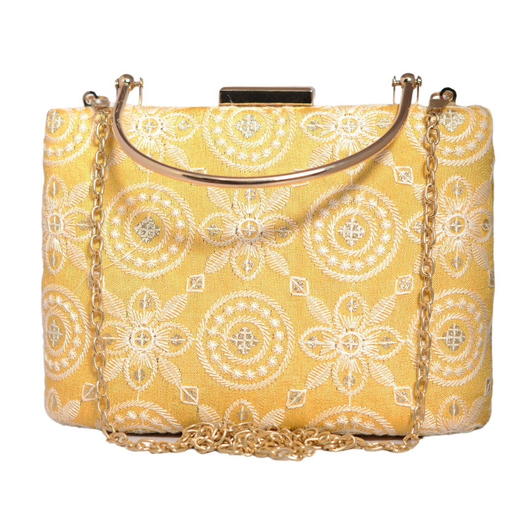 Yellow Multipattern Floral Embroidery Clutch