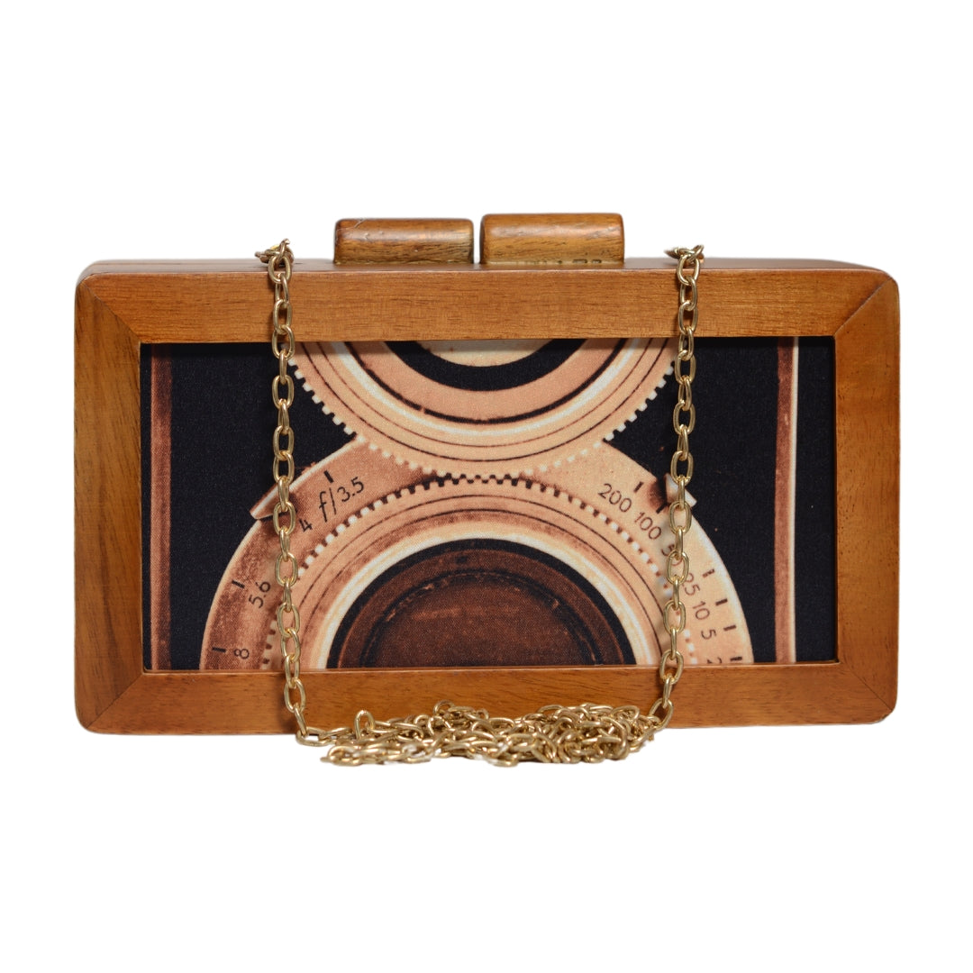 Camera Shutter Wooden Printed Clutch