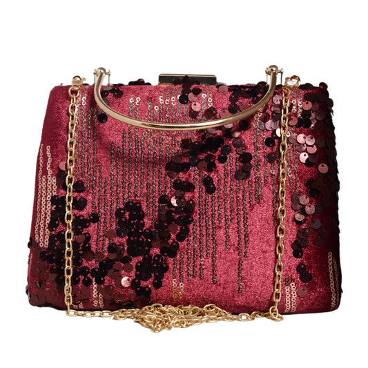 Red Sequins Embroidery Velvet Clutch
