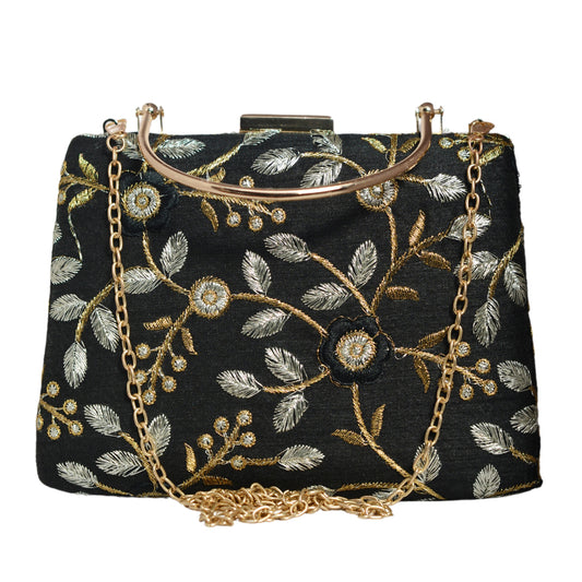 Black Floral Embroidery Clutch