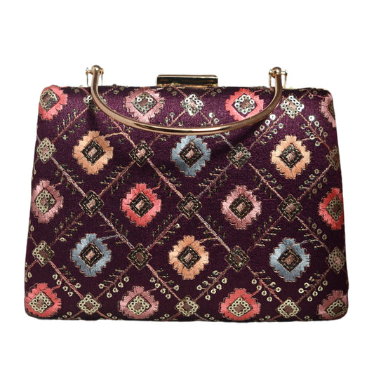 Maroon Sequins And Threadwork Embroidery Clutch