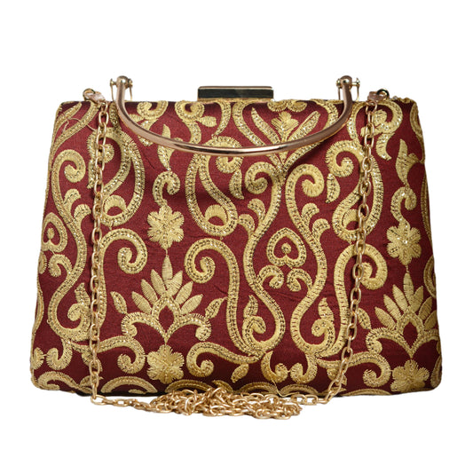 Maroon And Golden Multipattern Embroidery Clutch