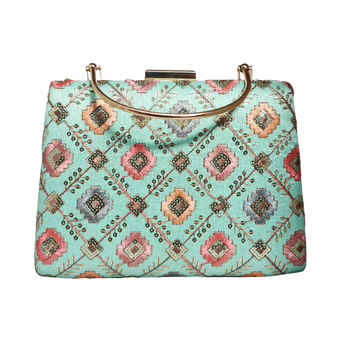 Turquoise Green Sequins Embroidery Clutch