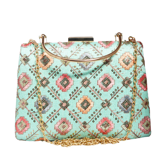 Turquoise Green Sequins Embroidery Clutch