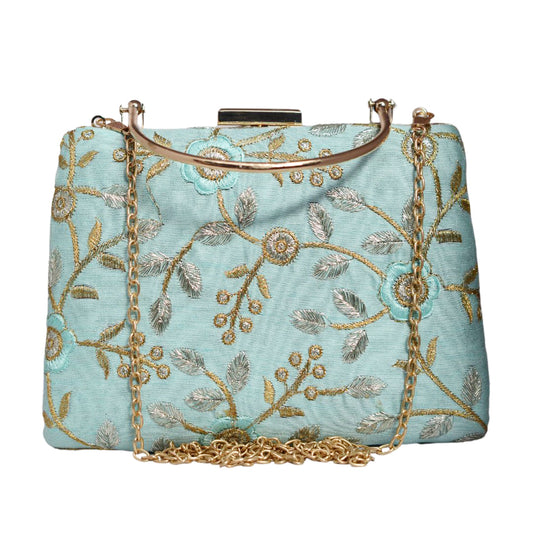 Sky Blue Floral Embroidery Clutch