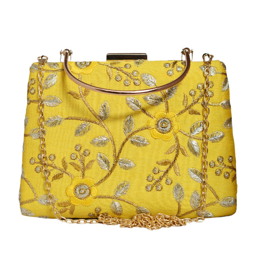Yellow Floral Embroidery Clutch