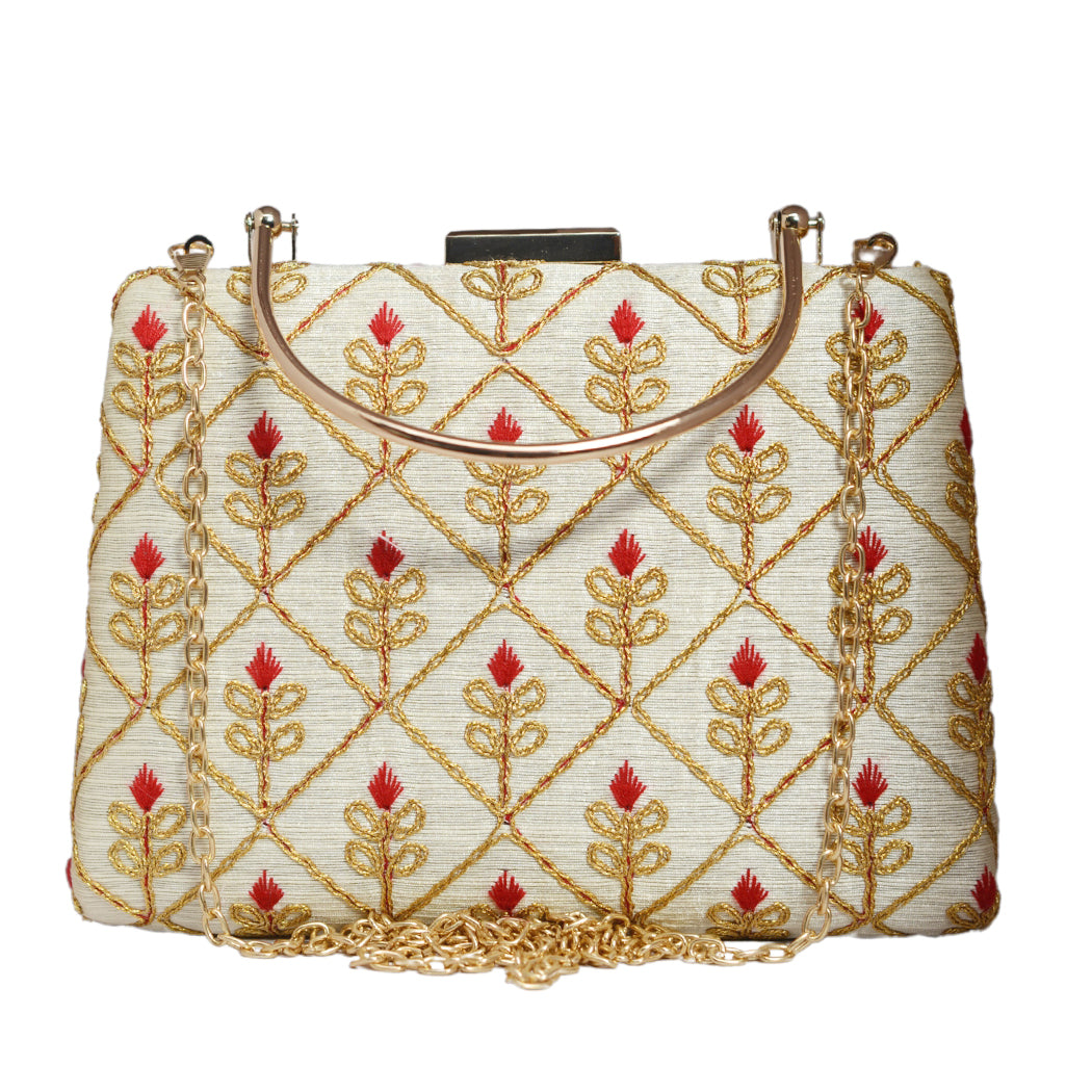 White Check Pattern Embroidery Clutch