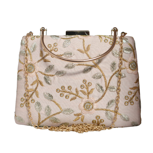 Peach Floral Embroidery Clutch