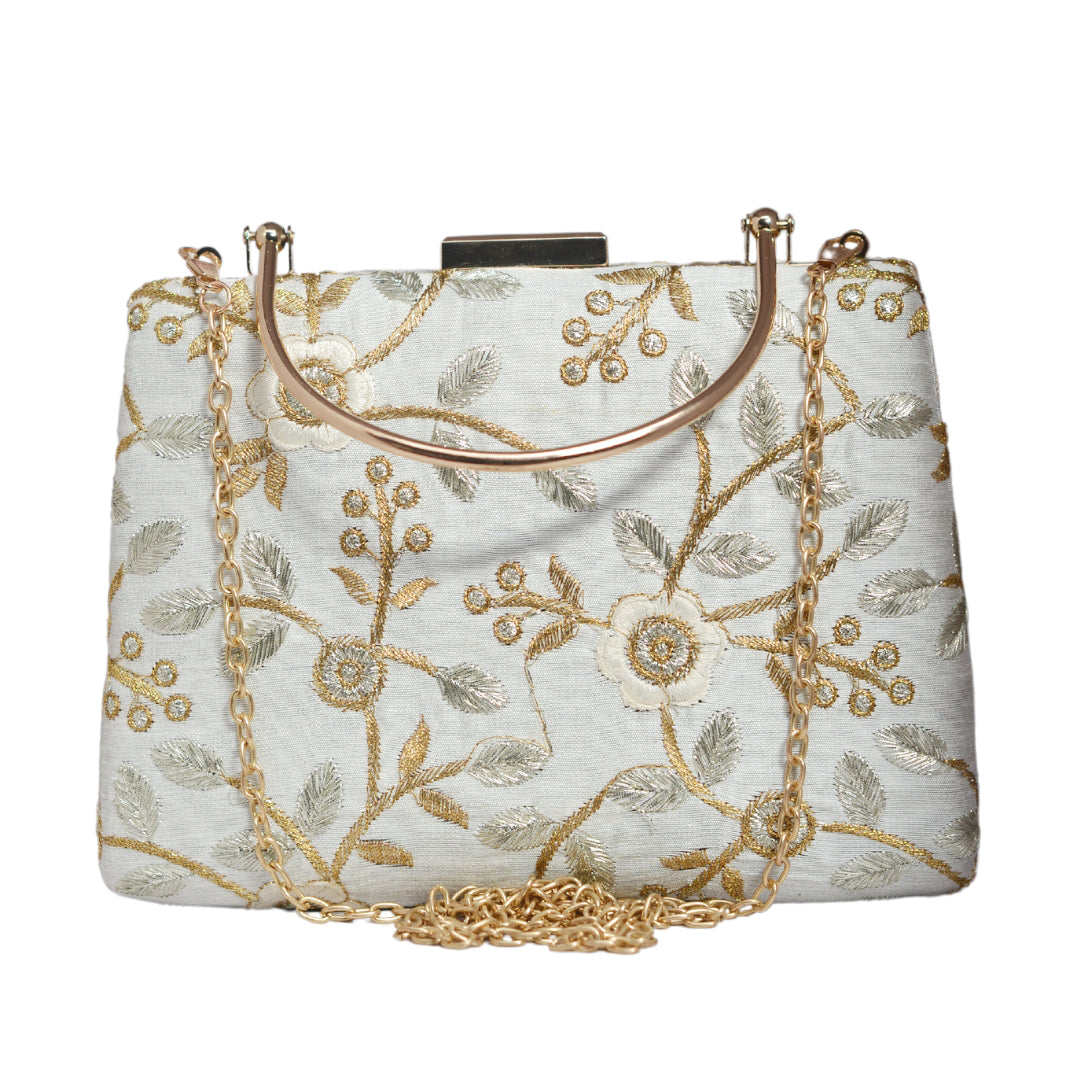 White And Golden Floral Embroidery Clutch