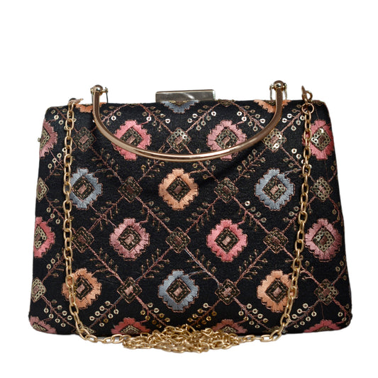 Black Multicolor Sequins Embroidery Clutch