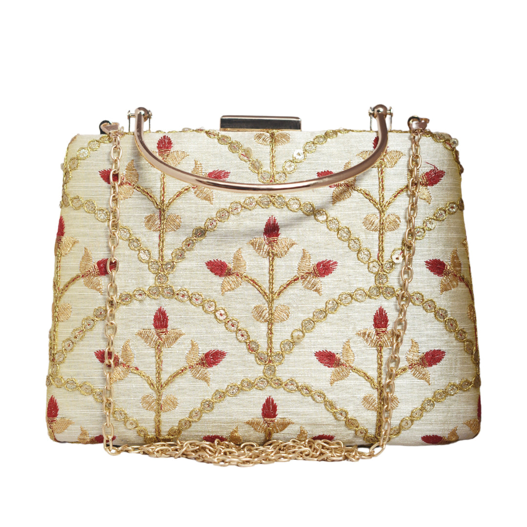 Cream Floral Sequins Embroidery Clutch