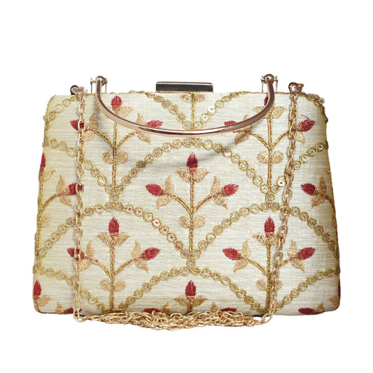 Cream Floral Sequins Embroidery Clutch