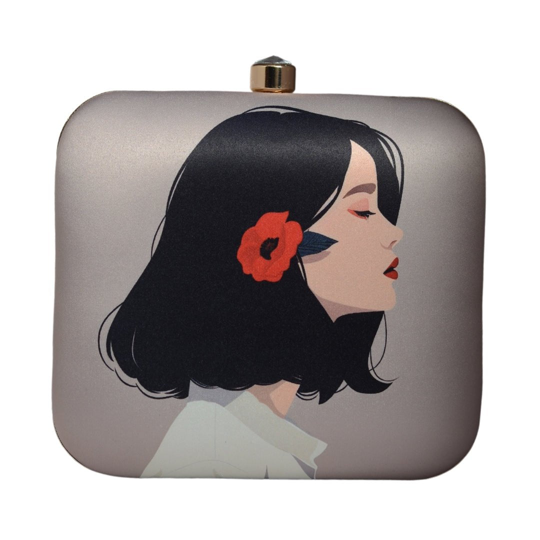 Short Hair Girl With Flower Printed Clutch