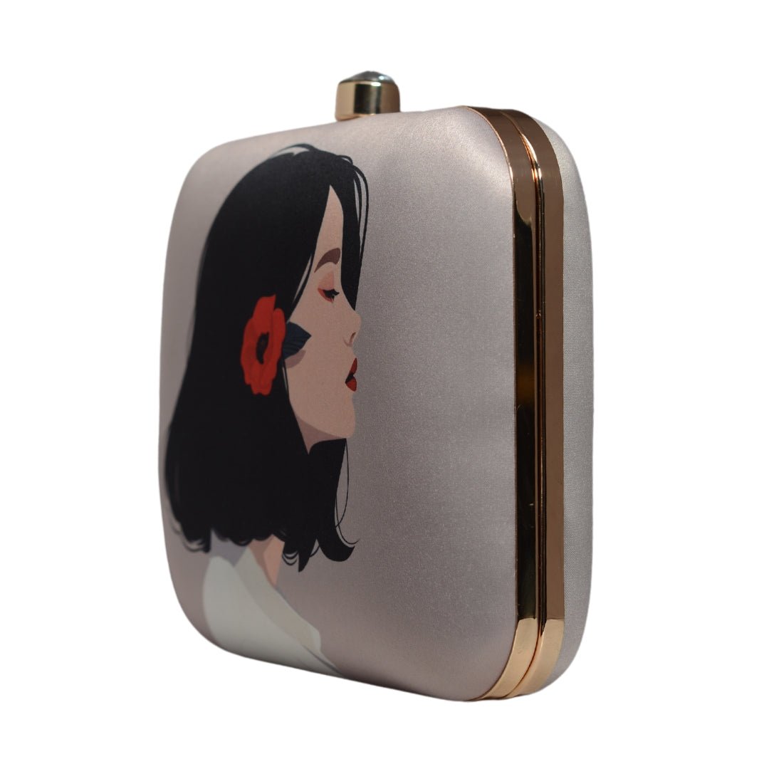 Short Hair Girl With Flower Printed Clutch