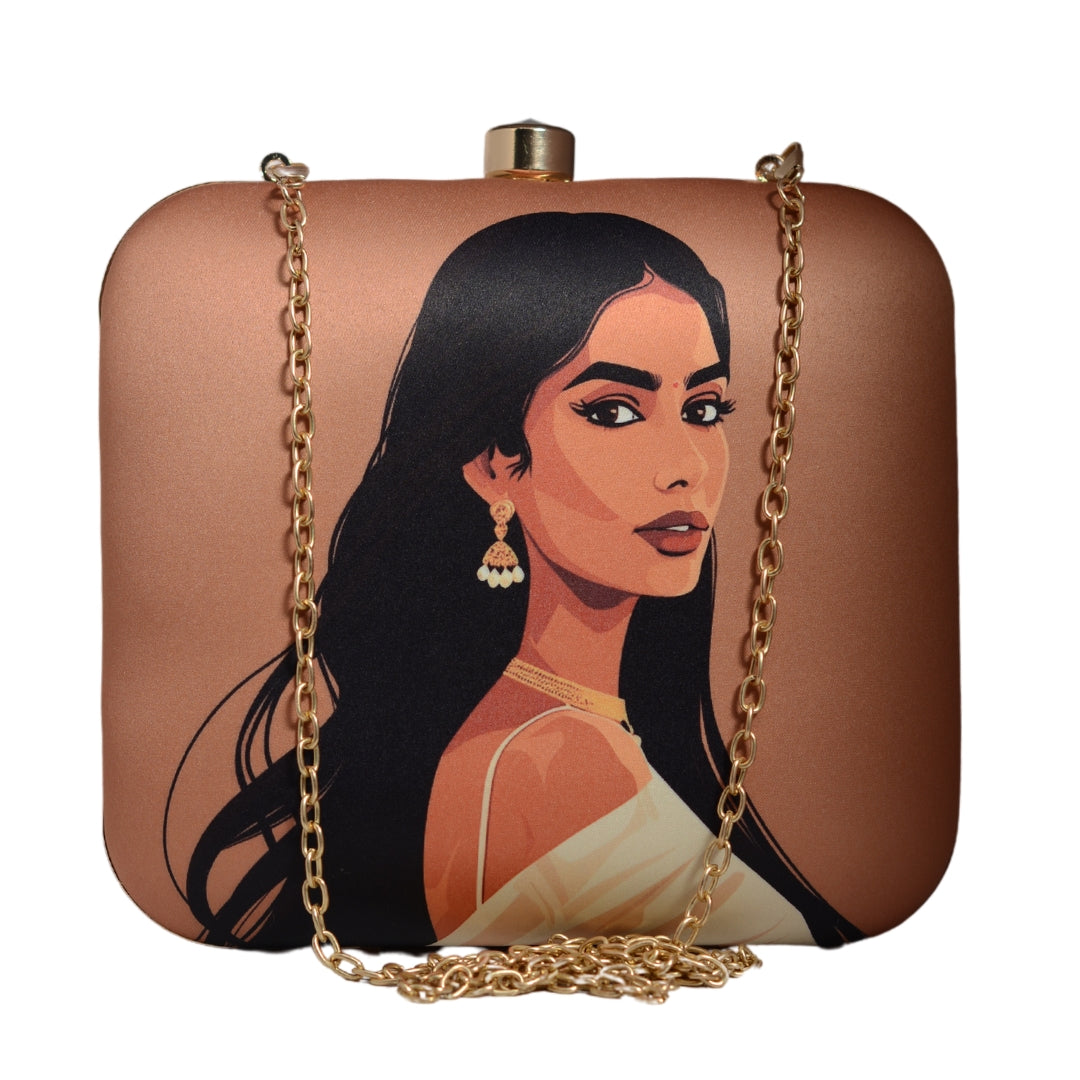 Black Hair Woman Portrait Printed Clutch