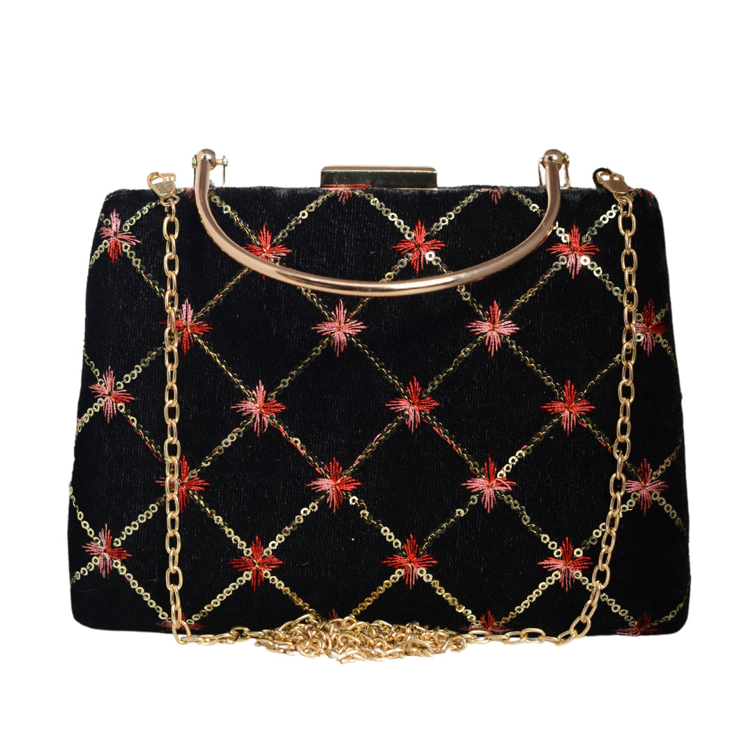 Black Check Pattern Embroidery Clutch