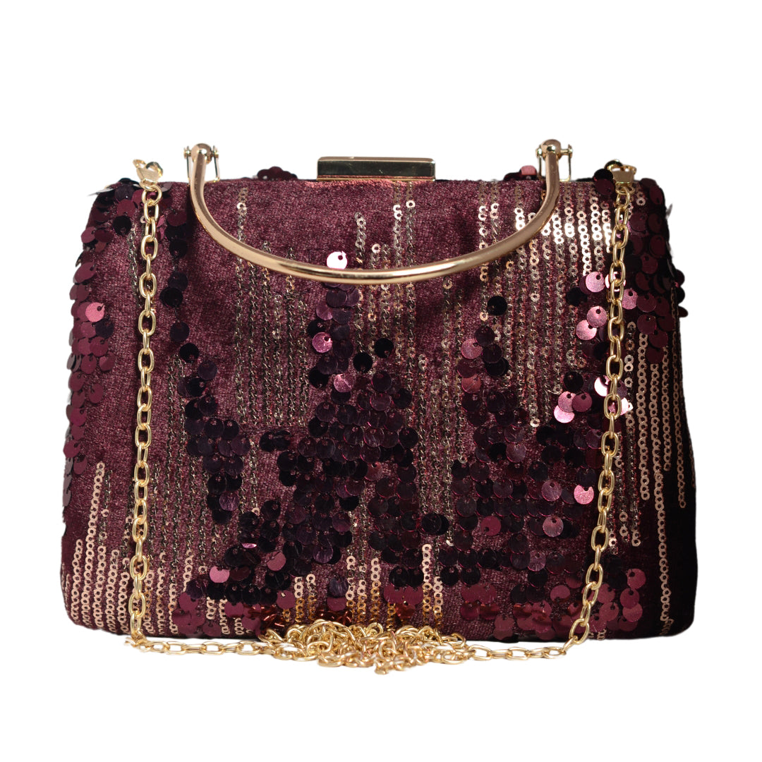 Maroon Sequins Embroidery Velvet Clutch