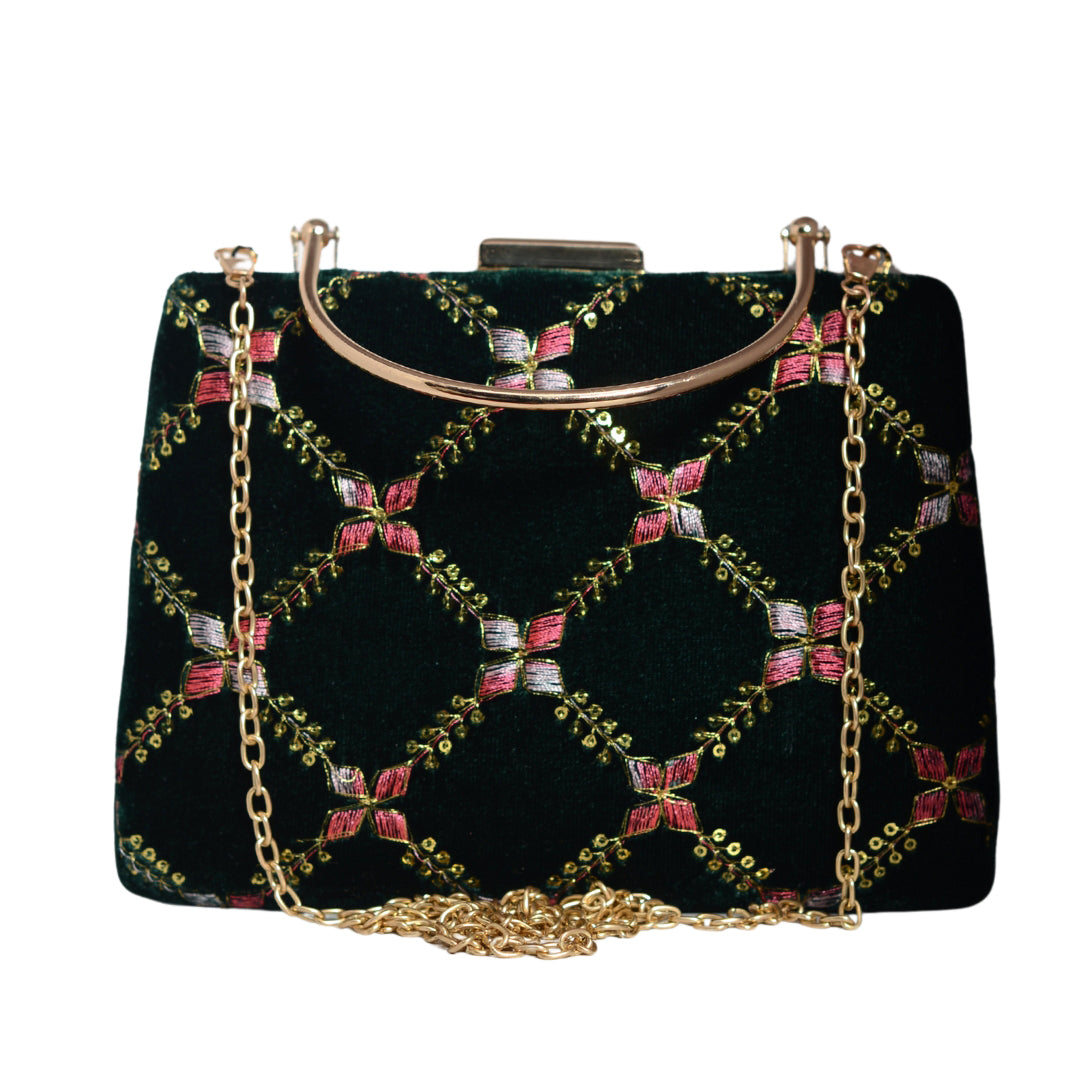 Green Embroidery Velvet Clutch